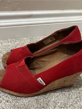 Toms Red Canvas Wedge Peep-Toe Slip-Ons